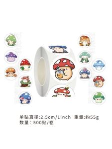 Mushroom Shaped Reward Stickers Childrens Toy Decoration Gift Sealing Non-drying Adhesive round Stickers 500 Pieces per Roll