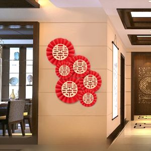 Chinese Style Wedding Decoration Full Set Engagement Products Living Room Background Wall Decor Paper Fan Flower Happy Words