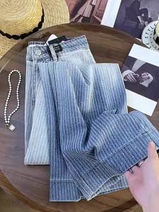 TIANANQI | Quần Jeans Vintage Cao Bụng Rộng Đính Hạt Kim Cương Dải Sọc Gradient