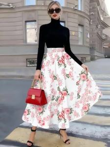 Printed Design Spring and Summer collection Pink Roses On White Background vacation style womens half skirt
