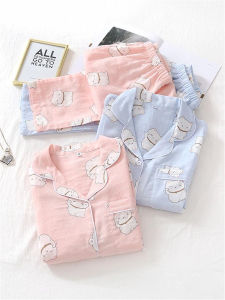 Spring and Autumn Pure Cotton Gauze Pajamas Womens Long-Sleeved Double-Layer Cotton Home Wear Thin Summer Cotton Air Conditioning Clothes Suit