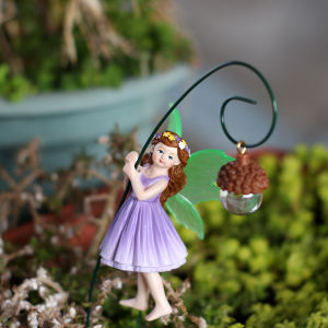 2 Purple Dresses Fairy Carrying Pine Cones Fluorescent Winged Girl Bonsai Statue Fairy Tale Scene Decoration Family Gift