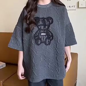 Womens T-shirts Harajuku Girls Plus Size Tops Letter Jacquard O-neck Short Sleeves Loose Summer Tshirt Bear White Tees M-2XL