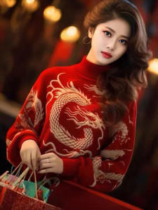 Spring 2024 High Collar Knitted Sweater Womens Red Dragon Embroidery Fashionable Loose Fit Long Sleeve Crew Neck Top