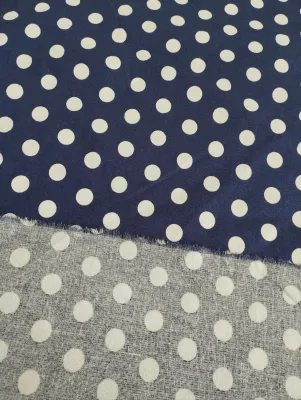Vải linen cotton nền xanh dương bi trắng -1cm - hàng đã wash. khổ vải 1.4m