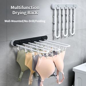 Balcony Folding Drying Rack No-Drill Wall-mounted Sock Rack Home Balcony Underwear Panties Multi-clip Hangers