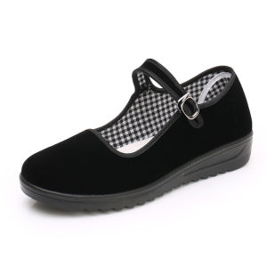 รองเท้าผ้าสไตล์ปักกิ่งแบบเก่ารองเท้าผู้หญิงรองเท้าทำงานพื้นยาง TPR กันลื่นใส่สบายรองเท้าทำงานโรงแรมรองเท้าเต้นรำในลานกว้างส้นแบนสำหรับคุณแม่