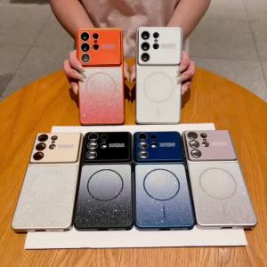 For MagSafe Glitter Glossy Phone Case for Samsung Galaxy S26 Plus S25 S24 S23 Ultra Wireless Charge Shockproof Protection Cover
