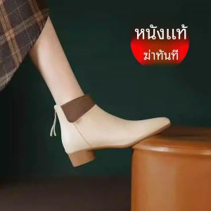 รองเท้าบูทหนังสัมผัสสัมผัสได้สำหรับผู้หญิง ฤดูใบไม้ร่วง/ฤดูหนาว รองเท้าบูทหัวแหลม ทรงหัวมน ส้นกลาง รองเท้าบูทสไตล์มาร์ติน ทรงอังกฤษ รองเท้าบูทแบบสั้น รองเท้าแฟชั่น รองเท้าบูทแบบสวม