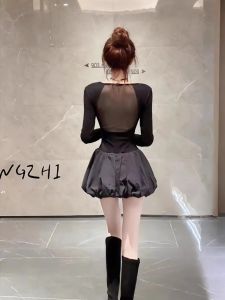 Váy Ngắn Xếp Ly Ren Ngọt Ngào Cạp Cao Mùa Thu Mới Cho Nữ Váy Ngắn Bên Trong Thanh Lịch Cỡ Nhỏ Váy Chữ a Dài Tay Cổ Vuông