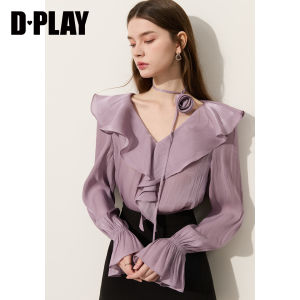 D-PLAY | Áo Dài Tay Màu Xanh V-Neck Ruffled Mới Elegance