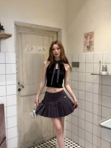 VKSOD | Sweet Korean Style Floral Lace Halter Top High Waist Plaid Mini Skirt Set Summer Anti-Aging Trendy Womens Two-Piece Ensemble