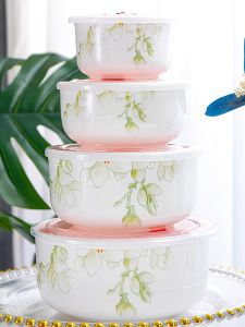 Microwave Safe Ceramic Bowl Set Large Bone China Preservation Bowl with Lid for Home Heating Sealed Bowl Four Piece Set