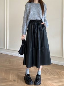 Elegant Mid Length Long Length A- line Skirt Womens Plus Size Plus Size Ladies Autumn and Winter New Arrival Cool Chic High Waist PU Leather Skirt Long Dress
