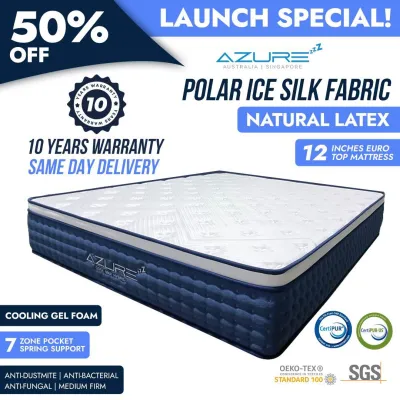Azure™ Cool Max |12 Inch Euro Top Ice silk Fabric + Latex + Cooling Gel Pocketed Spring Mattress | All Sizes Avail