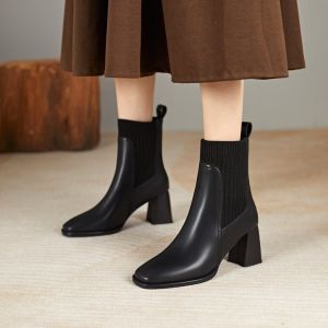 Elastic Slimming Womens Boots 2025 Autumn Winter New Fashion Square Head Short Boots Thick Heel Elegance Fashion Martin Boots