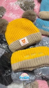 Set mũ cục bông và khăn len phối 2 màu giữ ấm cho bé (6m-3y) - SP0435