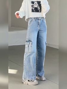 (BIG Size XS-5XL) Highwaist Jeans Cargo Biru Retro Celana Panjang/loose wanita kuolt Street Style Wide Leg Celana