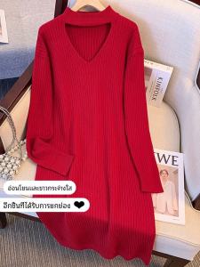 Red Knitted Sweater Dress Midi Length Lazy Base Layer for New Year plus Size Slimming Inner Wear Korean Style Loose Waist