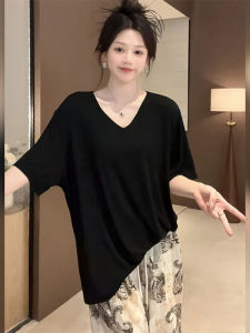 BINKAFENNY | Plus Size Summer Black V-Neck Short Sleeve T-Shirt Women Loose Slimming Top Comfortable Korean Style Commute Fashion