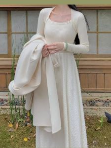 New Chinese Style Womens Knitted White Dress Elastic Slim Fit Long Sleeve Inner Wear Base Skirt Autumn Winter Fashion Ladies Gown