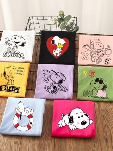Heavy Weight Pure Cotton Export Cartoon Snoopy Print Short Sleeve T-Shirt Girls Spring and Summer Wear Plus Size Bottoming Tops Tide