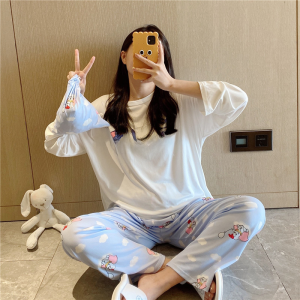 Womens Pajamas Pure Cotton Cartoon Cute Snoopy Long Sleeves Pants Two-piece Set Spring and Autumn Thin Cotton Home Wear
