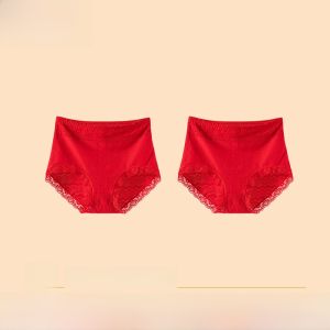 Ladies High Waist Lace Cotton Underwear Marriage Red Color Lucky Year Butt Lifting Tummy Control Triangle Panties New 2024
