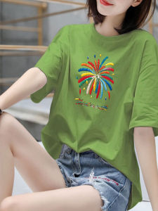 Pure Cotton Short Sleeve T-Shirt Womens round Neck Printed Slimming Summer Loose Top Fashionable Korean Style Commute Wind