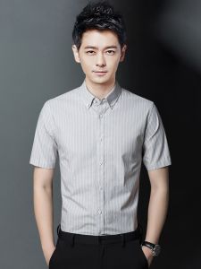 ROMON | Lormen Mens Short Sleeve Shirt Summer Thin Stripe Iron Free Business Casual Slim Fit Workwear Ice Silk Shirt Casual Style