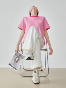 XIAODADEHUA | Floral Embroidered Pink Short Sleeve T-Shirt