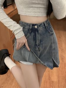 กระโปรงยีนส์ทรงเอเอวสูง ทรงเข้ารูป ปิดซิป ผ้าฝ้ายผสมโพลีเอสเตอร์ กระโปรงสั้นทรงเอสำหรับผู้หญิงไซส์ใหญ่