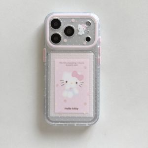 Sanrio | Korean INS Polka Dot Hello Kitty Pink Button Frosted Label Case For iPhone 15 16 17 Pro Max Airbag Bracket Lens Protection Cover