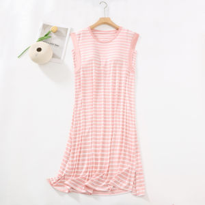 Modal Padded Nightdress Womens Summer Bra Cup Integrated Stripes Loose plus Size Pajamas Vest Skirt Mid Skirt
