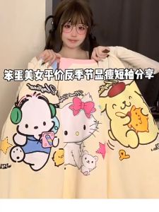 Raglan Sleeves Loose Print Contrasting Color Short Sleeved T-shirt Cute Cat Print Casual Top