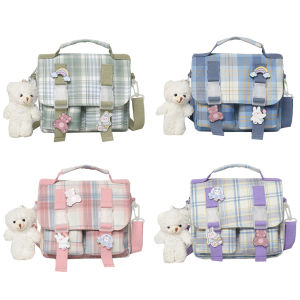 Womens Casual Shoulder Bag with Classic Plaid Pattern and Portable Nylon Material