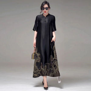 Elegant Silk Qipao Dress for Middle-Aged And Elderly Mothers Summer New Style Loose Fitting Meat Covering Chinese Modified Qipao Dress