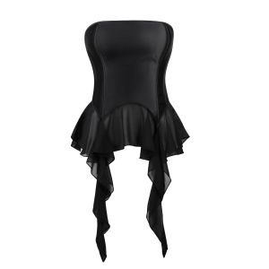 Black Strapless Bustier Top Structured Corset with Flowy Asymmetric Skirt Detail
