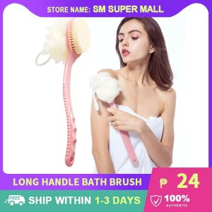 【2 In 1】Long Handle Shower Brush with Soap Foaming Flower Loofahs Natural Bristles Scrubber Body Massage Brushes Bath Accessories for Women & Men