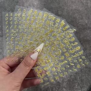 6Pcs Gold Metallic 3D Letter Nail Stickers Cursive Alphabet Self Adhesive Nails Decals Vintage English Letter Manicure Sliders