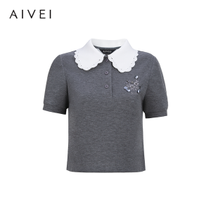 Aivei Star Early Autumn Doll Collar Short Sleeve Sweatshirt Sweet School Style Polyester Blend Regular Fit Hoodie for Women