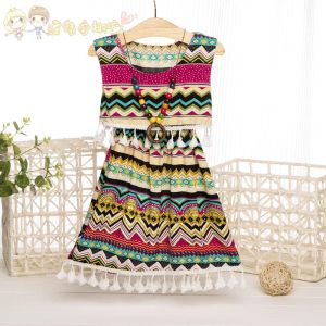 Girl Dress Summer Ethnic Style Childrens Cotton Silk Princess Dress Little Girl Skirt Kids Floral Vest Dress