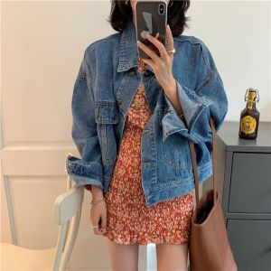 Loose Retro Denim Jacket Womens Spring Autumn New Style Lazy Versatile Short Sleeve Cotton Polo Collar Single Button Coat