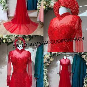 ÁO DÀI NỮ LỤA ĐỎ PHỐI REN ĐÍNH HẠT PHA LÊ CAO CẤP CÓ ĐUÔI XOÈ MẶC ĐI TIỆC  CƯỚI HỎI
