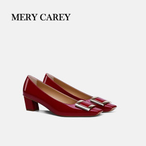 รองเท้าส้นสูงหนังเงาทรงสี่เหลี่ยมสำหรับผู้หญิง ฤดูใบไม้ผลิและฤดูร้อน รองเท้าแต่งงานแบบสวม ส้นสูงปานกลาง ส้นแบน ทรงสี่เหลี่ยม