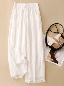 กางเกงขายาวทรงหลวมเอวสูงสีขาว กางเกงโยคะผ้าลินิน กางเกงขายาวทรงตรงลำลอง ผ้าลินินผสมคอตตอน กางเกงขายาวทรงหลวมสำหรับผู้หญิง