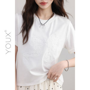 YOUXIANG | Áo Thun Tay Ngắn Trắng Cổ Tròn Thêu Thời Trang