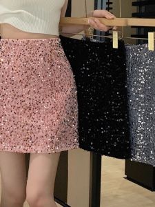 Elegant Red Halter Neck Mini Dress Womens Spring Autumn New Style Slimming High Waist Sequin Short Skirt Commute Style