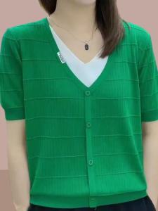 Summer New Womens Knitted Ice Silk Short Sleeve T-Shirt Belly Covering plus Size Clothing Slimming Effect Korean Style Loose Fit