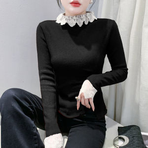 Yimei 2025 ren pháp Cổ Tròn Xẻ bất đối xứng T-Shirt mùa thu và mùa đông cơ sở mới Áo len dệt ôm vừa của phụ nữ bên mềm dính áo hồng